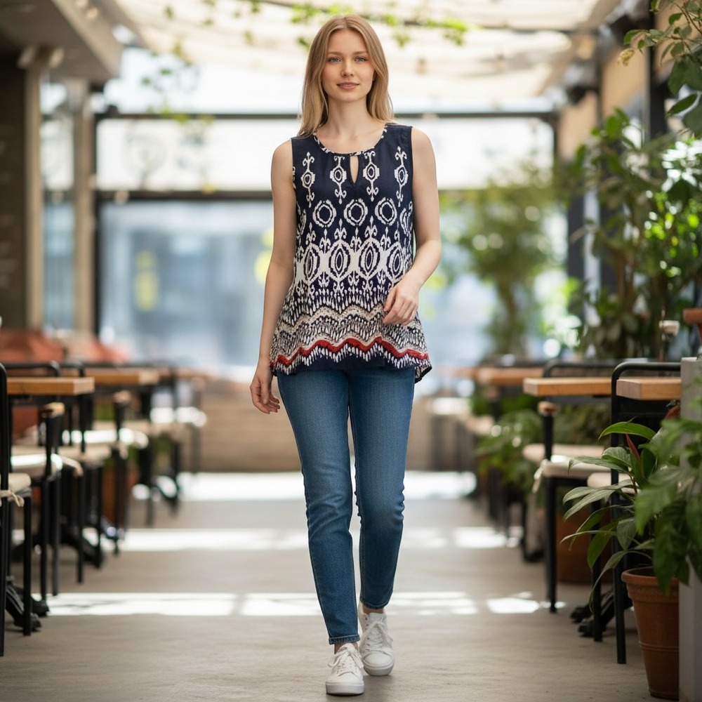 Antilia Femme Navy Blue White Ikat Print Keyhole Sleeveless Blouse Large